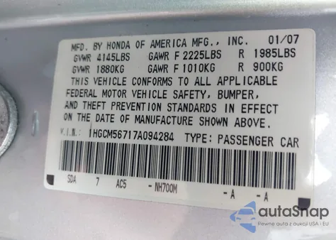 2007 Honda Accord 2.4 Ex из США, поврежденный, VIN 1HGCM56717A094284